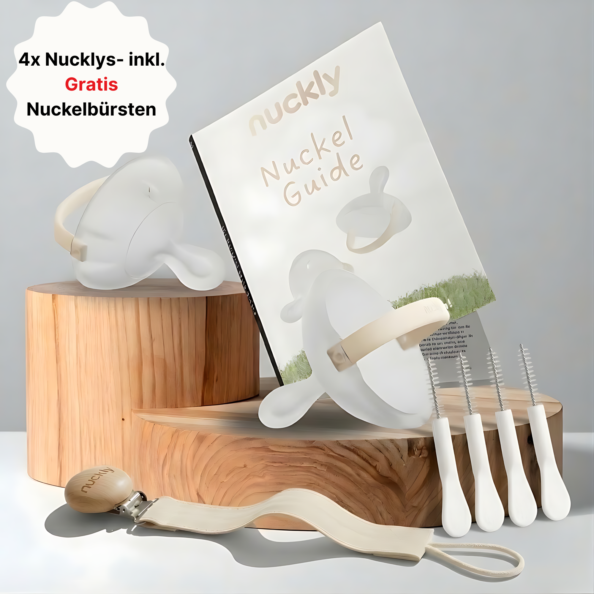 Nuckly Premium Box: 4x Nuckly NatureSense + Ratgeber + Nuckly-Kette & 4x Reinigungsbürste